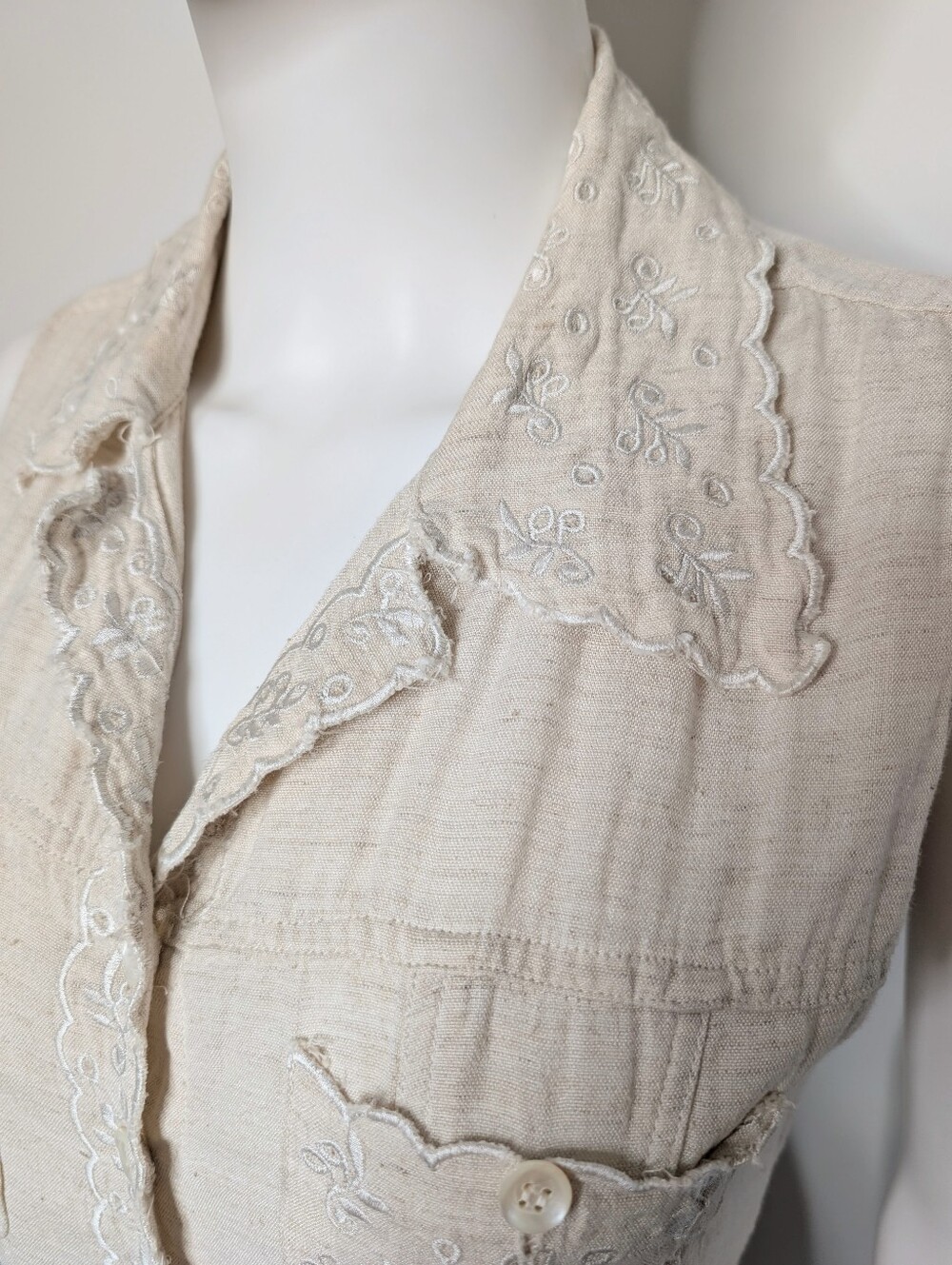 Vintage 90s Cream Color Linen Blend Button Front Sleeveless Collared Midi Dress - Picture 13 of 14